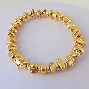 Gold Nugget Hematite Beaded Bracelet w/  Silvertone Spacer Beads
